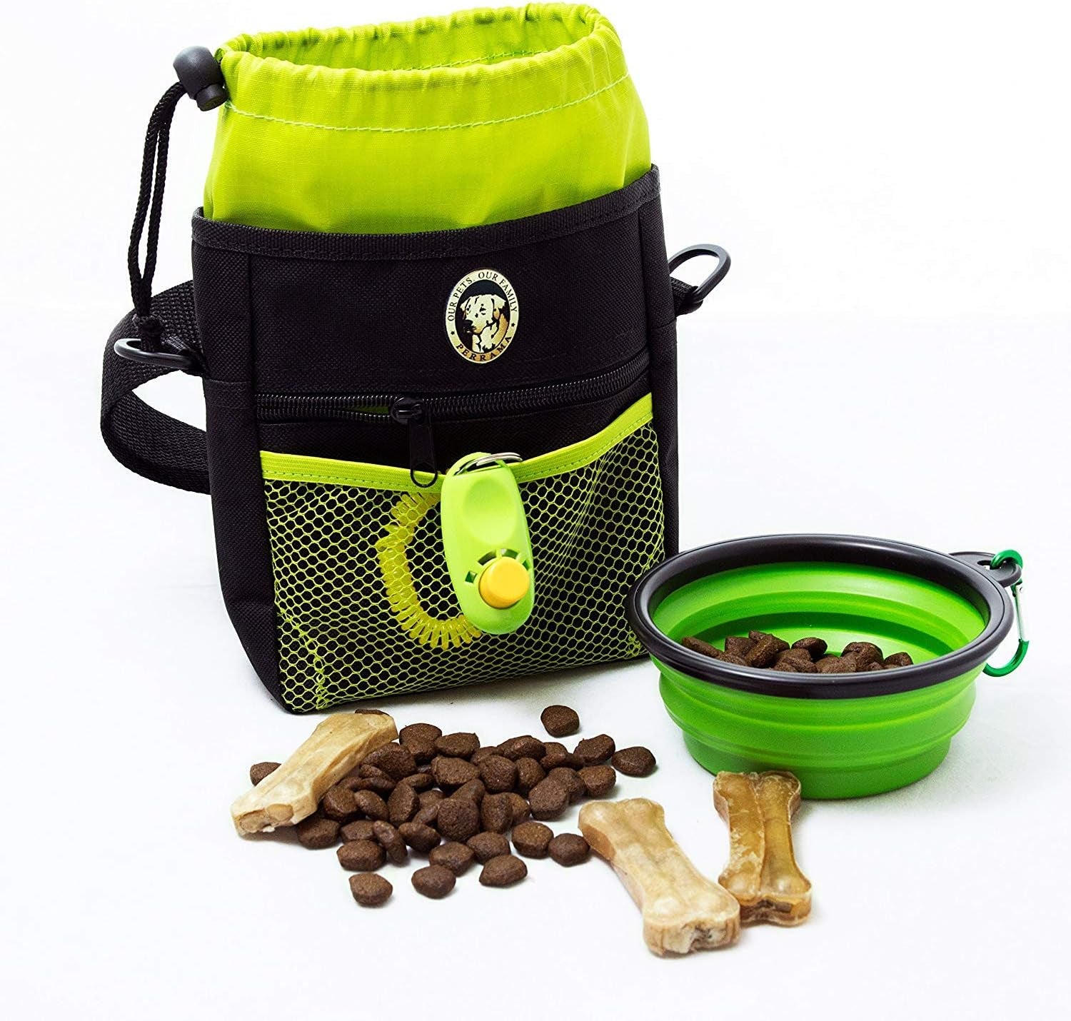 Dog Treat Bag, Training Pouch for Small and Large Dogs with Clicker and Collapsible Food Bowl BPA Free – Pet Treats Tote Bag with Waist and Shoulder Reflective Straps and Belt Clip